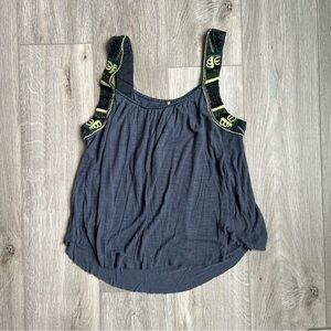 Free People Navy Blue Tank Top with Green Embroidered Straps